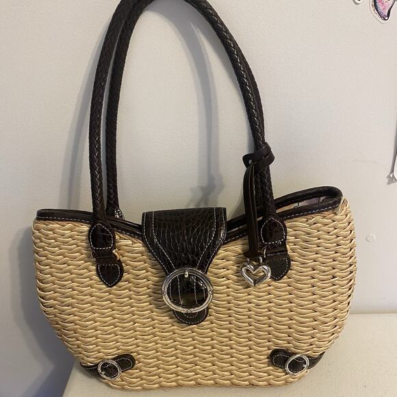 Vintage Brighton Woven Straw Basket Shoulder Handbag Purse Braided Weave Heart - Picture 10 of 11